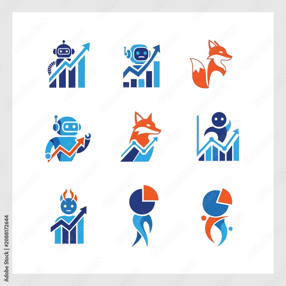 Fototapeta premium Robots, Foxes, and Analytics Icons: Growth, Strategy, and Data Visualization Concepts