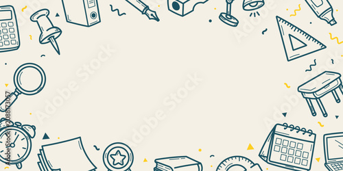 Konstfotografi Cadre illustré sur le thème de la rentrée scolaire avec pictogrammes d’école tout autour et grand espace central vide pour ajouter un titre, un texte, un logo ou un message