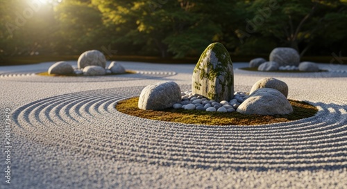 Zen garden with raked white sand balanced stones under soft sunlight, for inner peace, mindfulness, spiritual harmony, pursuit balance in stressful modern world