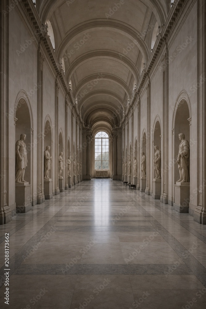 Obraz premium A long, empty gallery corridor with classical statues lining the walls.