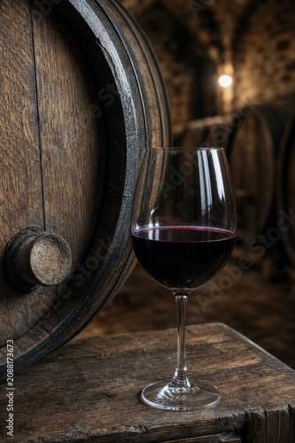 A glass of deep purple-red wine beside an aged oak barrel in a dim cellar.