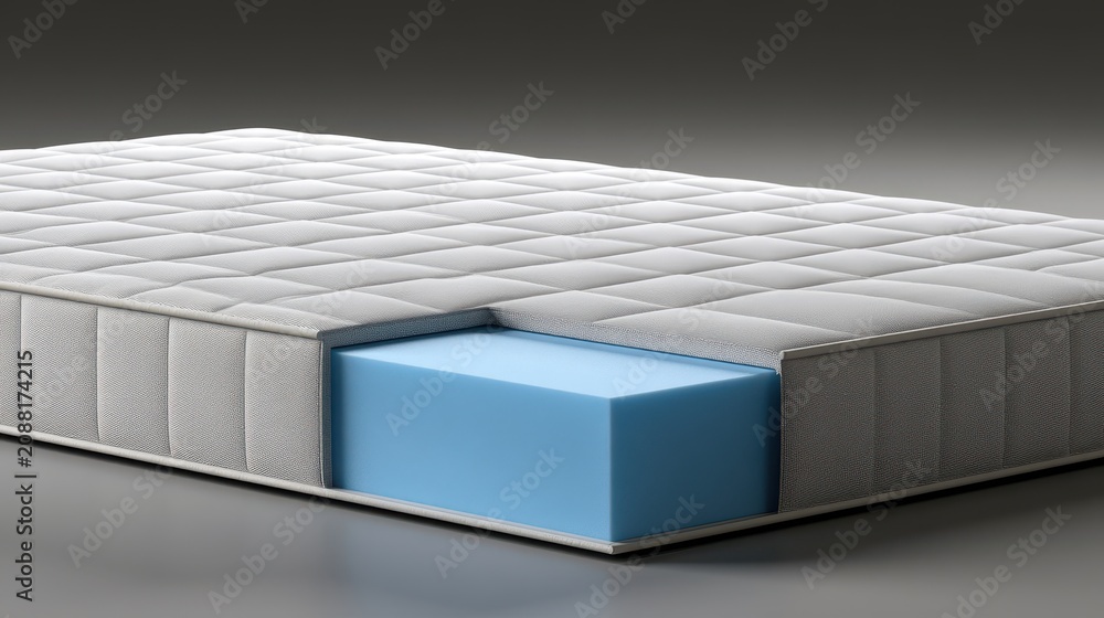 Fototapeta premium Cross-section of a modern foam mattress, showcasing the blue core for comfort and support. Ideal for bedding, sleep, and furniture advertisements.