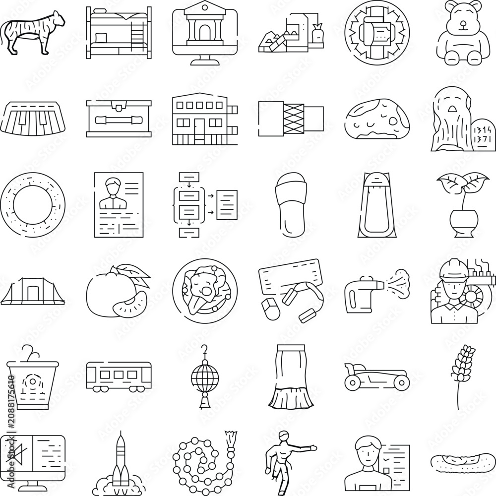 Fototapeta premium Diverse outline object vector icons collection showing various items and concepts for user interfaces, infographics, and modern web or application design needs