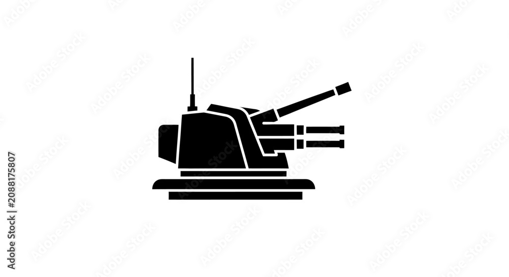 Fototapeta premium Black silhouette of a twin barrel naval gun turret