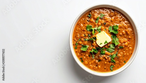 A bowl of dal makhani with butter and herbs on top is placed on a table.