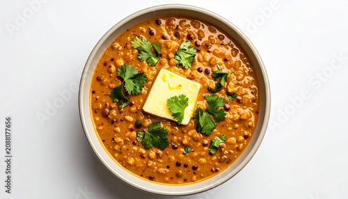 A bowl of dal makhani with butter and herbs on a table
