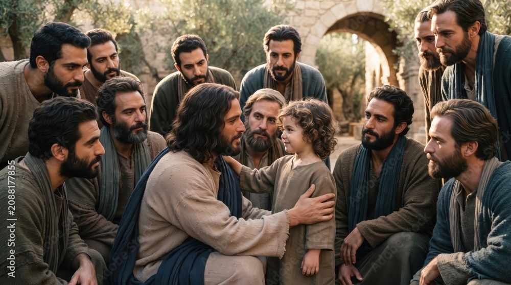 Fototapeta premium Jesus Christ teaching disciples by placing child in middle. Biblical scene from Gospel of Matthew about humility and kingdom of heaven. Religious historical reenactment in ancient town.