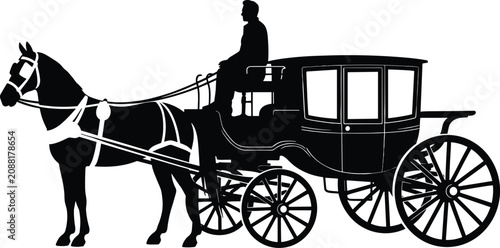 Horse‑Drawn Carriage Silhouette with Driver and Covered Passenger Compartment for Historical Design