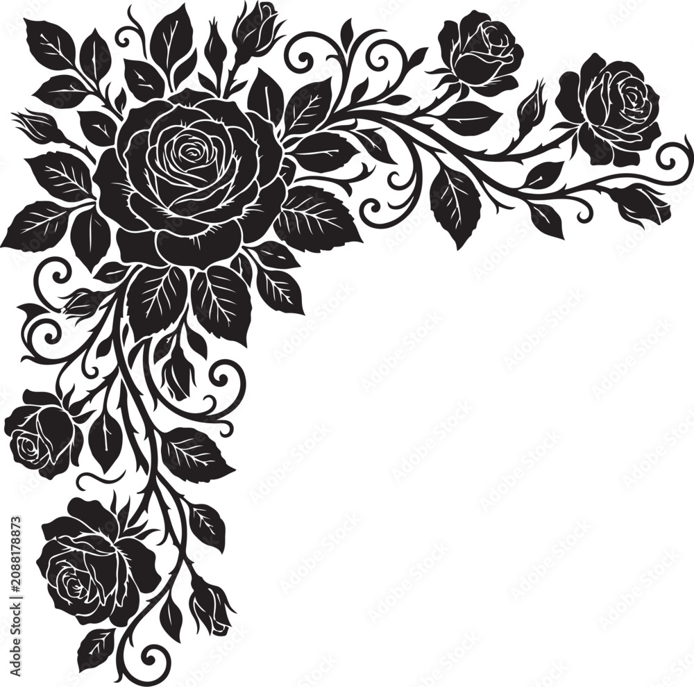 Fototapeta premium Black floral corner border, rose frame, vector illustration, elegant design element
