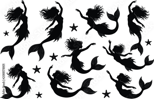 Mermaid Silhouette Collection with Starfish Elements for Fantasy and Nautical Design Themes