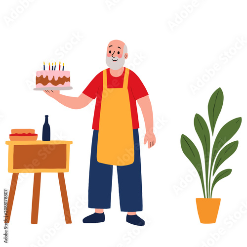 Elderly man holding birthday cake and smiling in home setting. Elderly set  