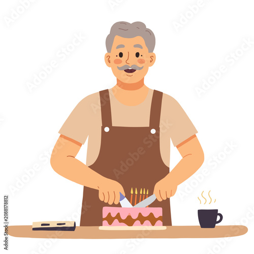 Elderly man cutting birthday cake with candles in kitchen. Elderly set  