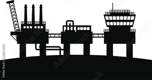 Offshore Oil Platform Silhouette with Crane and Drilling Rig Structure for Energy Industry Design