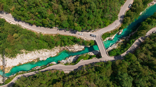 Canvas Print Aerial top down perspective captures turquoise Soca river crystal clear water