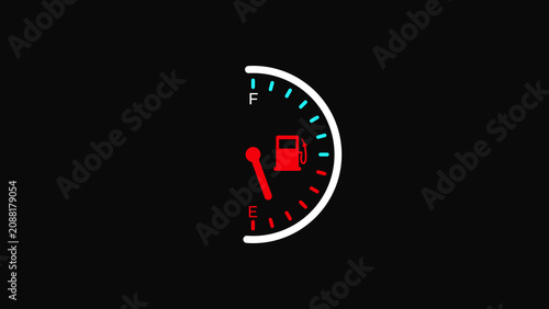 Fuel gauge icon showing empty gas level with red needle pointing to e on a black background
