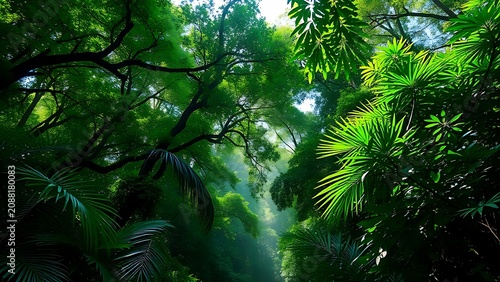 Dense tropical rainforest canopy with textured foliage suggesting insect sounds.