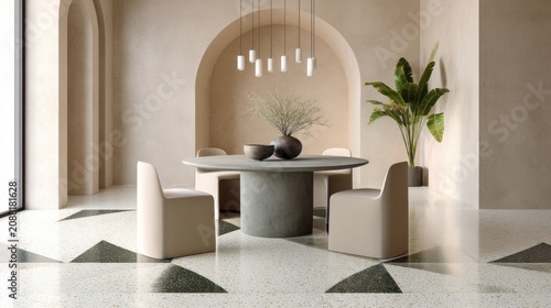 Scandi modern dining room, focus on a polished white terrazzo floor with large geometric triangle inserts of black and green marble, a round concrete table