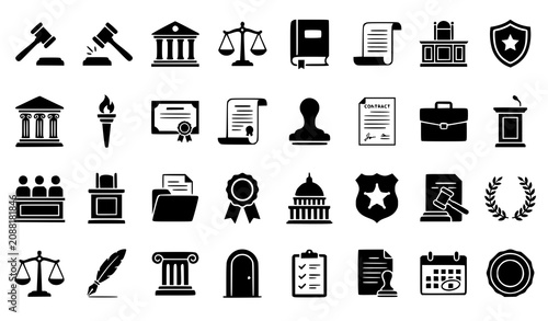 Obraz na płótnie Legal Justice Black Silhouette Icon Collection Featuring Judge Gavel Court Law J
