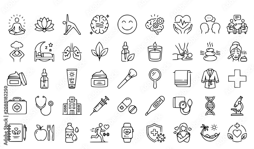 Fototapeta premium 45 Thin Line Wellness Mental Health Healthcare Spa and Cosmetics Icons Set Editable Stroke Medical Outline Vector Collection