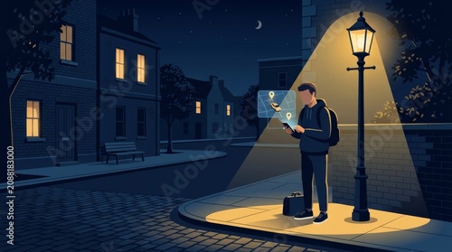Person Waiting for a Rideshare Pickup on a Quiet Street Corner at Night, Clean Flat Illustration