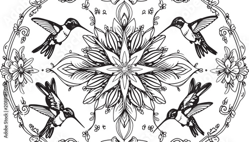 Hummingbird and flower mandala coloring page for adults Vector