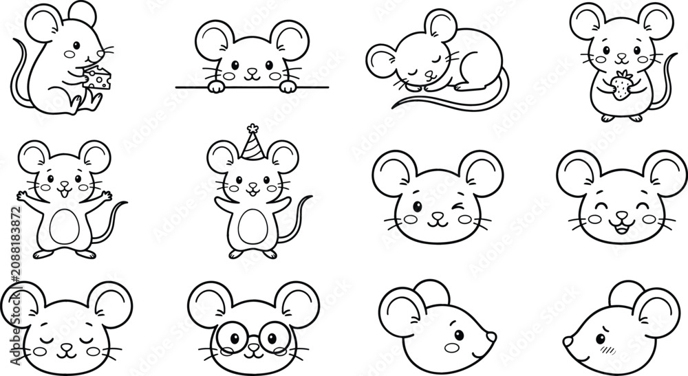 Obraz premium Cute Black Line Mouse Icon Set with Kawaii Cartoon Rodent Outlines Showing Eating Cheese, Sleeping, Wearing Birthday Party Hat for Kids Coloring Pages