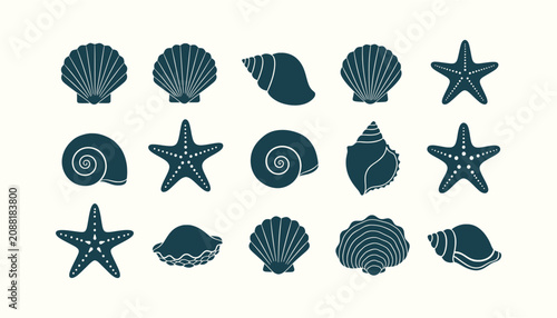 Tableau sur toile Set of dark blue sea shell and starfish silhouettes on cream background for summer beach design