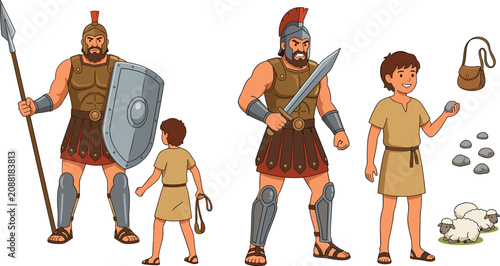 Obraz na płótnie David and Goliath Biblical Story Character Set Featuring Philistine Giant Warrio