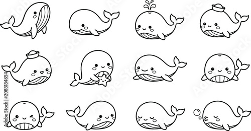 Fotografie Cute Black Line Whale Icon Set with Kawaii Cartoon Ocean Mammal Outlines Showing