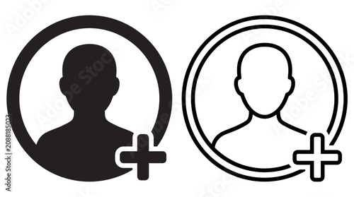 User profile icon with plus sign black and white line style