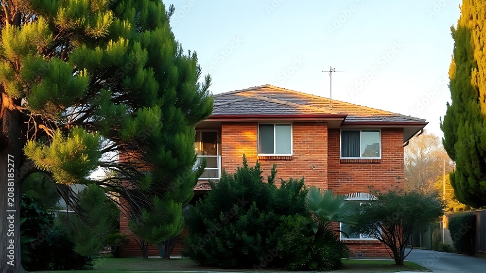 Fototapeta premium Suburban house with red brick facade under Australian afternoon light.