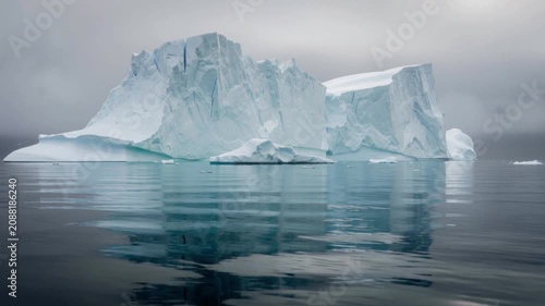Large iceberg floating in calm polar ocean with cloudy sky and reflective water surface