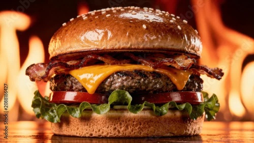 Delicious bacon cheeseburger with fresh lettuce tomato and melted cheddar cheese on sesame bun with fiery background