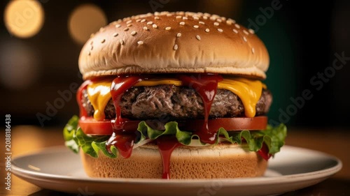 Delicious cheeseburger with juicy beef patty fresh lettuce tomato and ketchup on sesame seed bun