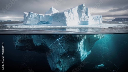 Large iceberg floating in cold ocean water under cloudy sky with visible underwater ice structure