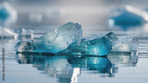 Close up of melting blue ice cubes floating on water surface in soft natural light