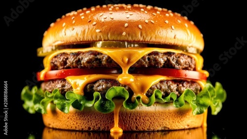 Delicious double cheeseburger with melted cheddar, fresh lettuce, tomato, and pickles on sesame bun
