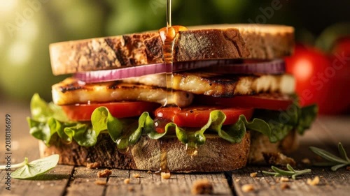 Delicious grilled chicken sandwich with fresh lettuce tomato and onion drizzled with honey on rustic bread