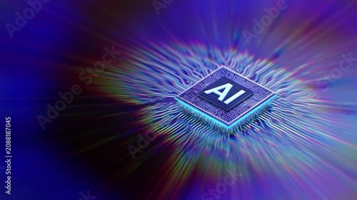 Futuristic AI Processor With Glowing Circuit Board and Dynamic Light Trails