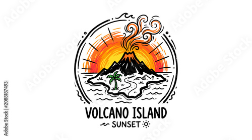 Volcano Island logo with sunset.