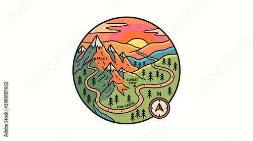 a cartoon mountain landscape with a winding road.