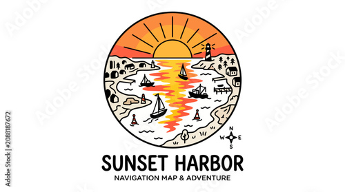 Vintage navigation map logo with sailboats.