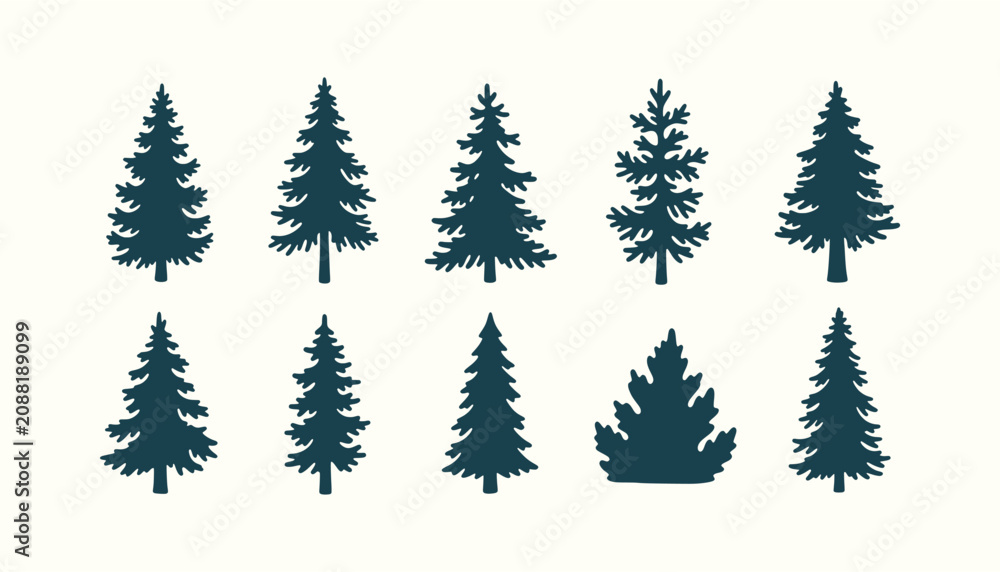 Obraz premium Vector Pine Tree Silhouette Set Coniferous Fir Spruce Forest Woodland Nature Design Elements Art