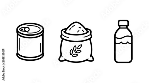 Food Supply Icons Set: Canned Goods, Flour Sack and Water Bottle