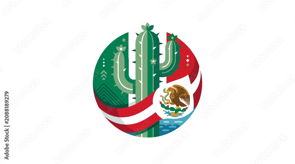 Obraz premium Stylized Vector Illustration of a Cactus with National Flag Colors and Eagle Symbol in Circle