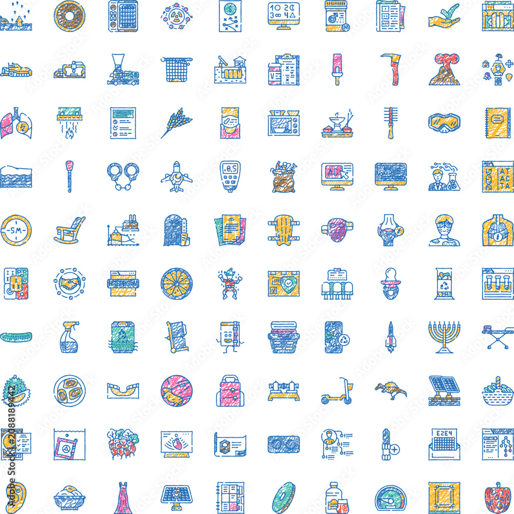Naklejka premium Collection of vibrant hand drawn linear icons featuring various subjects, objects, and concepts, suitable for infographic elements, web design, or educational material