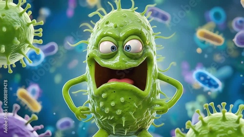 Cute cartoon bacterium cheering in a microscopic world