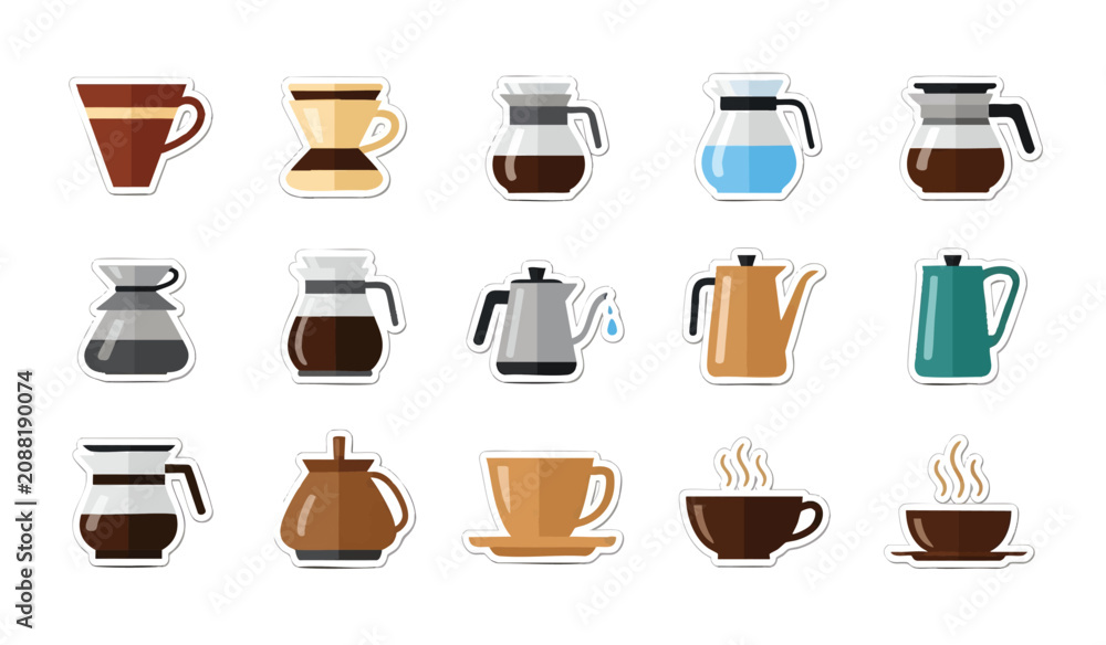Fototapeta premium Flat lay minimalist coffee and tea set collection with vibrant earthy tones, concept for beverage branding, café menu design, and cozy lifestyle product photography