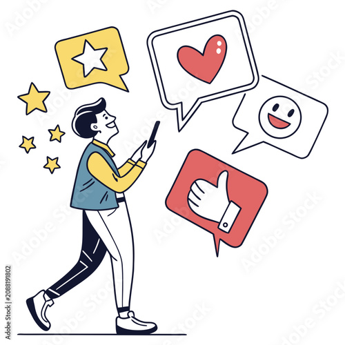 Man using smartphone with social media feedback pop up chat bubbles and stars, smartphone