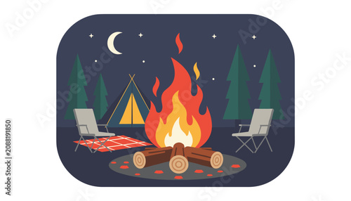 Cozy night camping illustration featuring a bright campfire, a tent, and folding chairs under a starry sky.